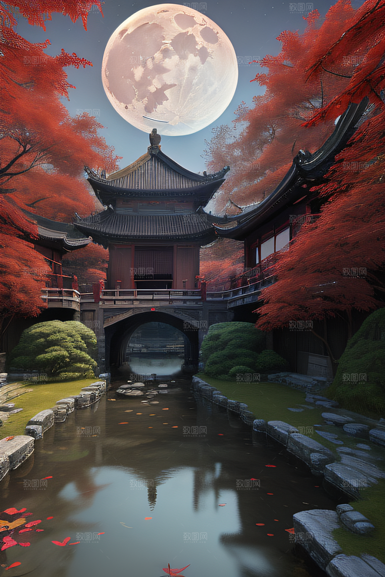 江南古建与溪流夜晚的红叶枫树与明月