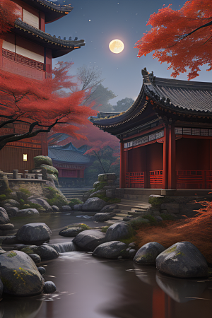 江南古建与溪流夜晚的红叶枫树与明月