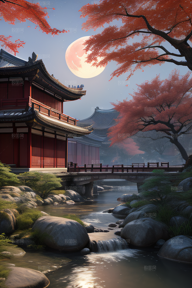 古建筑与溪流夜晚的红叶枫树和明月