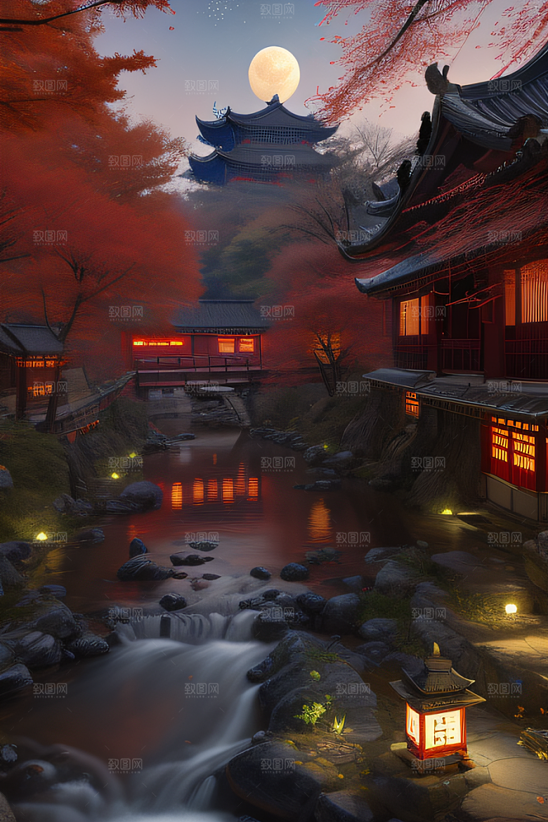 古建筑与溪流夜晚的红叶枫树和明月
