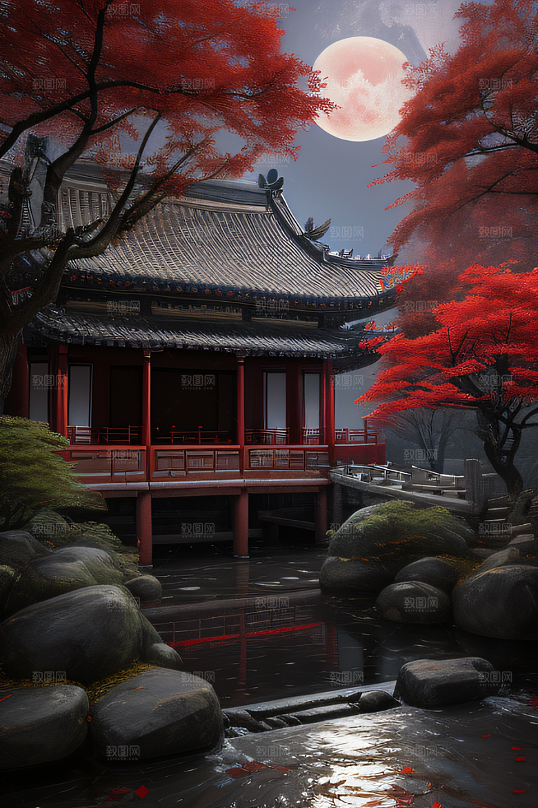 古建筑与溪流夜晚的红叶枫树和明月