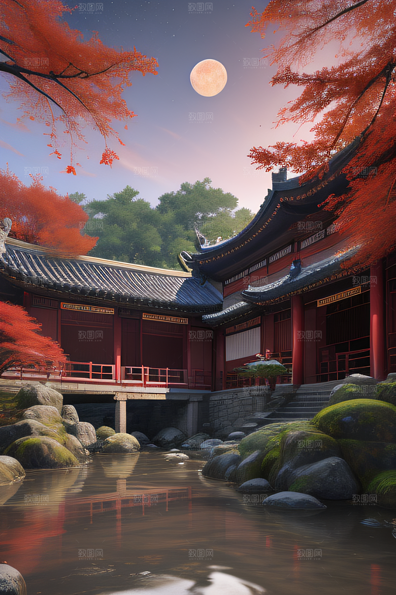 古建筑与溪流夜晚的红叶枫树和明月
