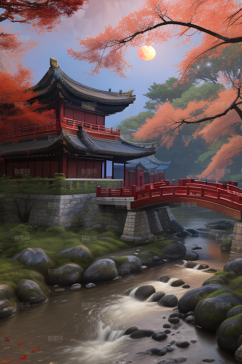 古建筑与溪流夜晚的红叶枫树和明月