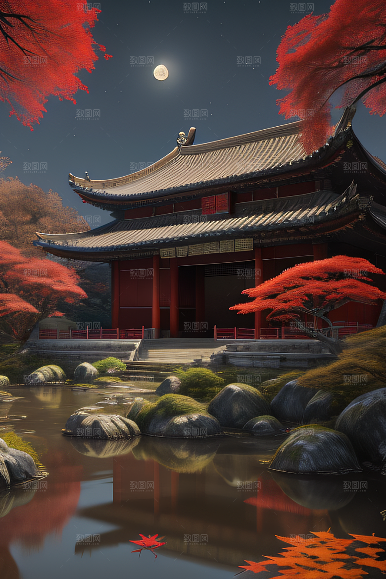 古建筑与溪流夜晚的红叶枫树和明月