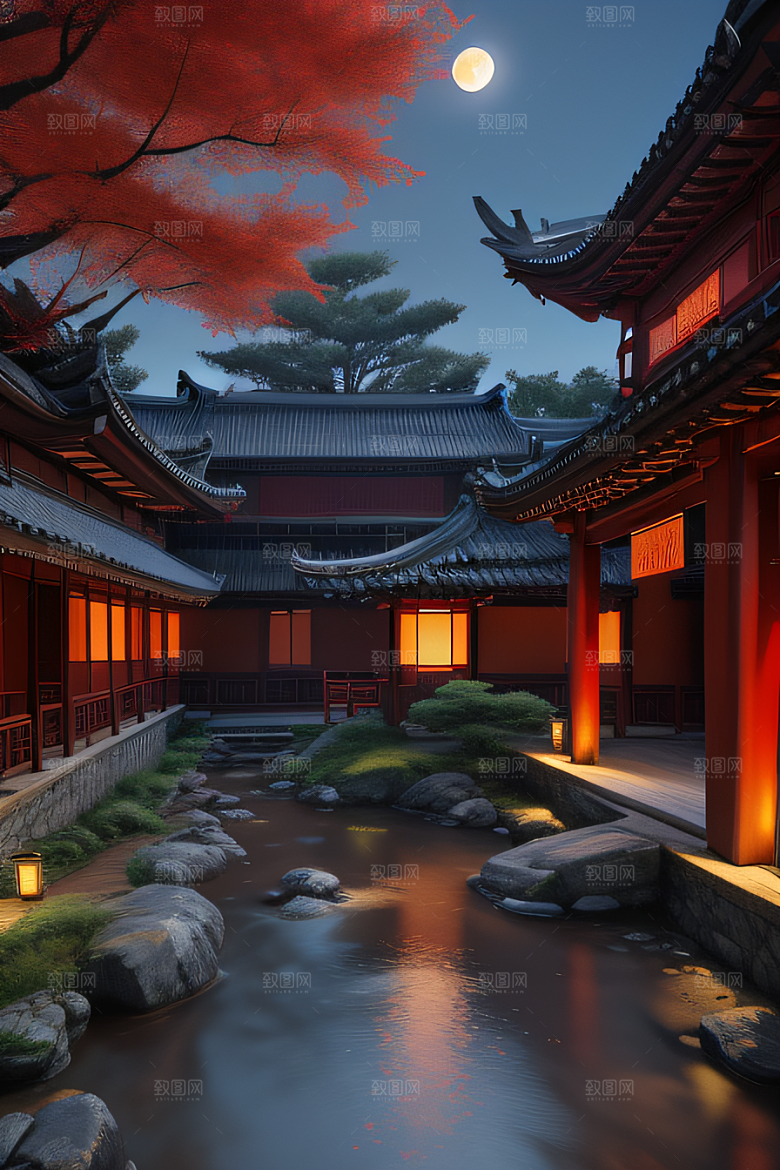 古建筑与溪流夜晚的红叶枫树和明月