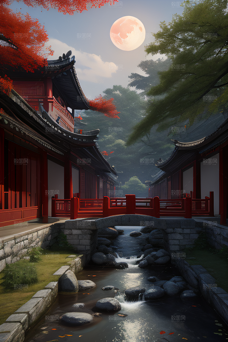 古建筑与溪流夜晚的红叶枫树和明月