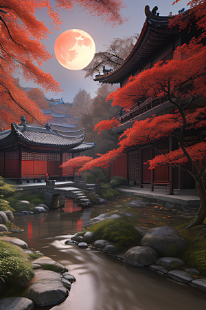 古建筑与溪流夜晚的红叶枫树和明月