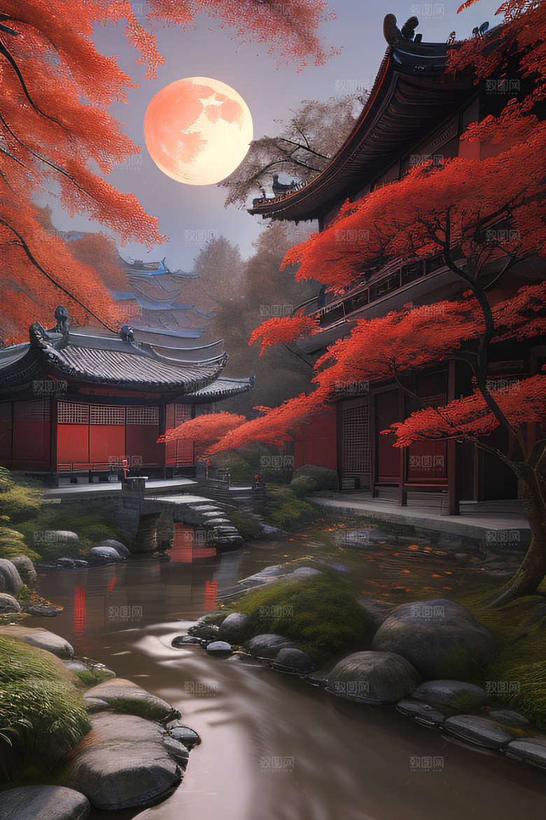 古建筑与溪流夜晚的红叶枫树和明月