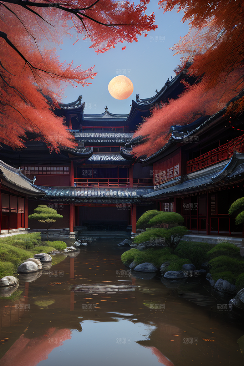 古建筑与溪流夜晚的红叶枫树和明月