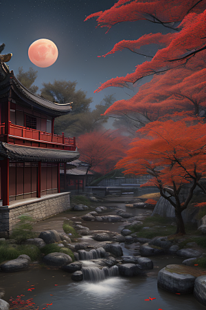 古建筑与溪流夜晚的红叶枫树和明月