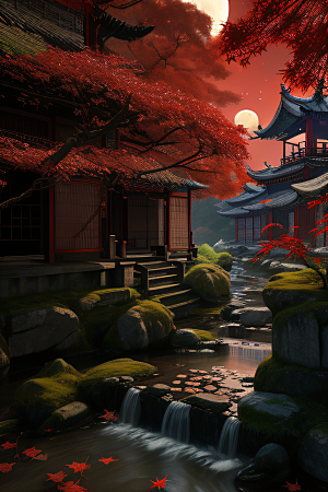 古建筑与溪流夜晚的红叶枫树和明月