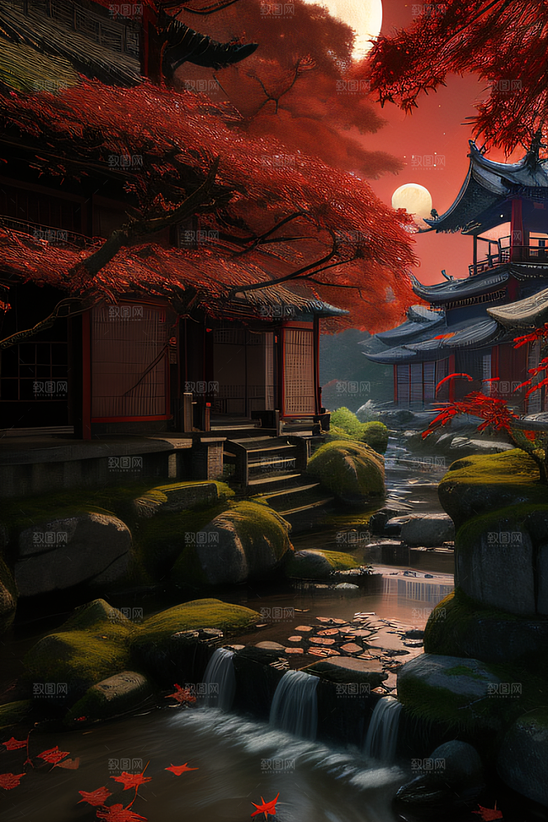 古建筑与溪流夜晚的红叶枫树和明月