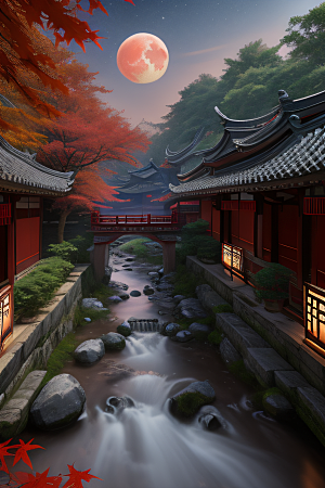 古建筑与溪流夜晚的红叶枫树和明月