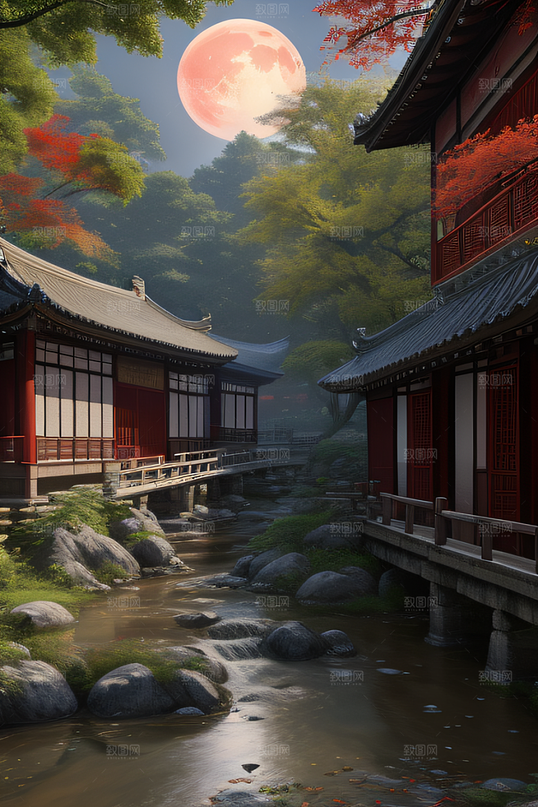 古风江南溪流旁的古建筑和红叶枫树