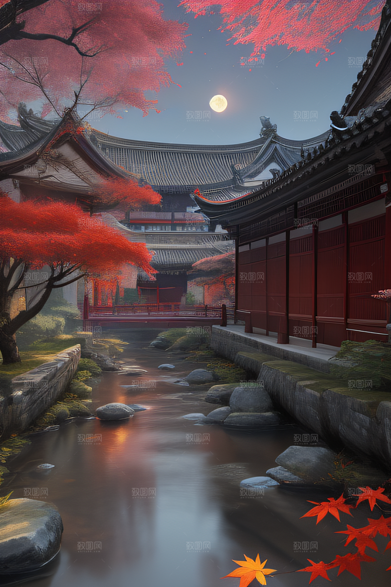 古风江南溪流旁的古建筑和红叶枫树