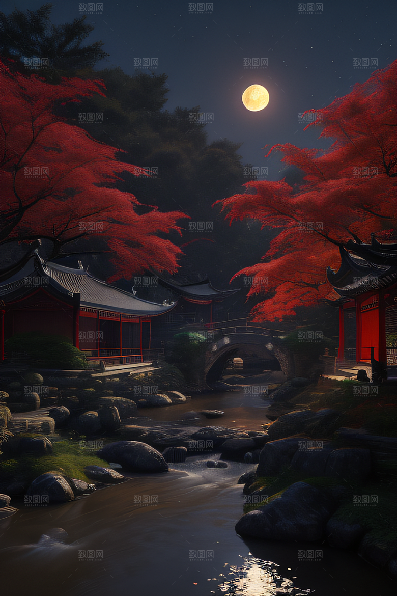 古风江南溪流旁的古建筑和红叶枫树