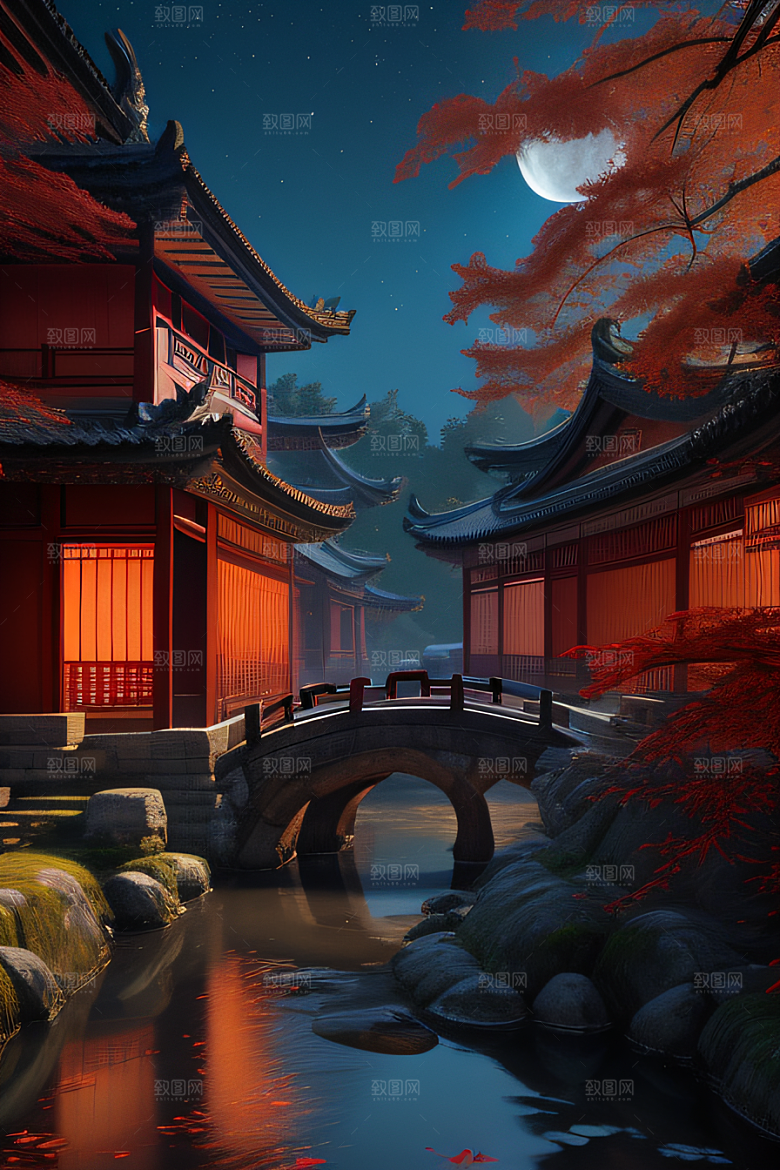 古风江南溪流旁的古建筑和红叶枫树