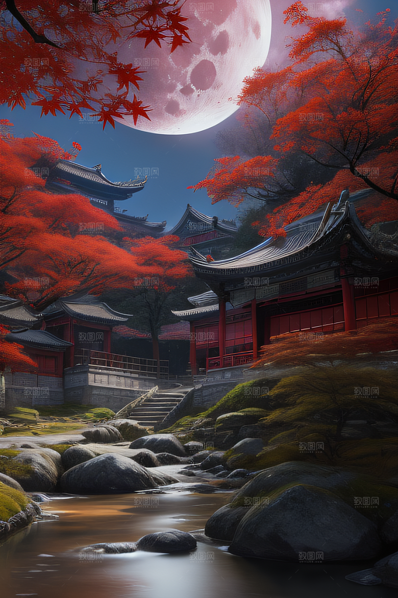 古风江南溪流旁的古建筑和红叶枫树