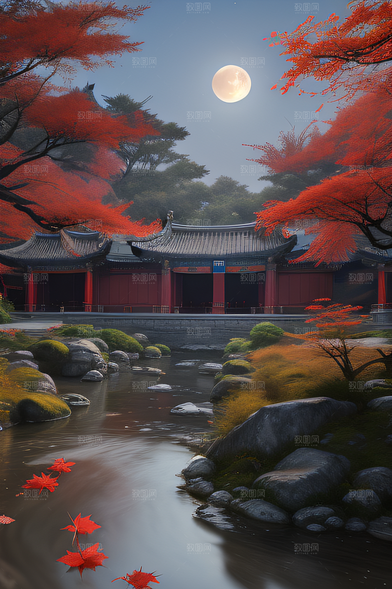 古风江南溪流旁的古建筑和红叶枫树