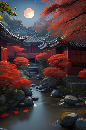 古风江南溪流旁的古建筑和红叶枫树