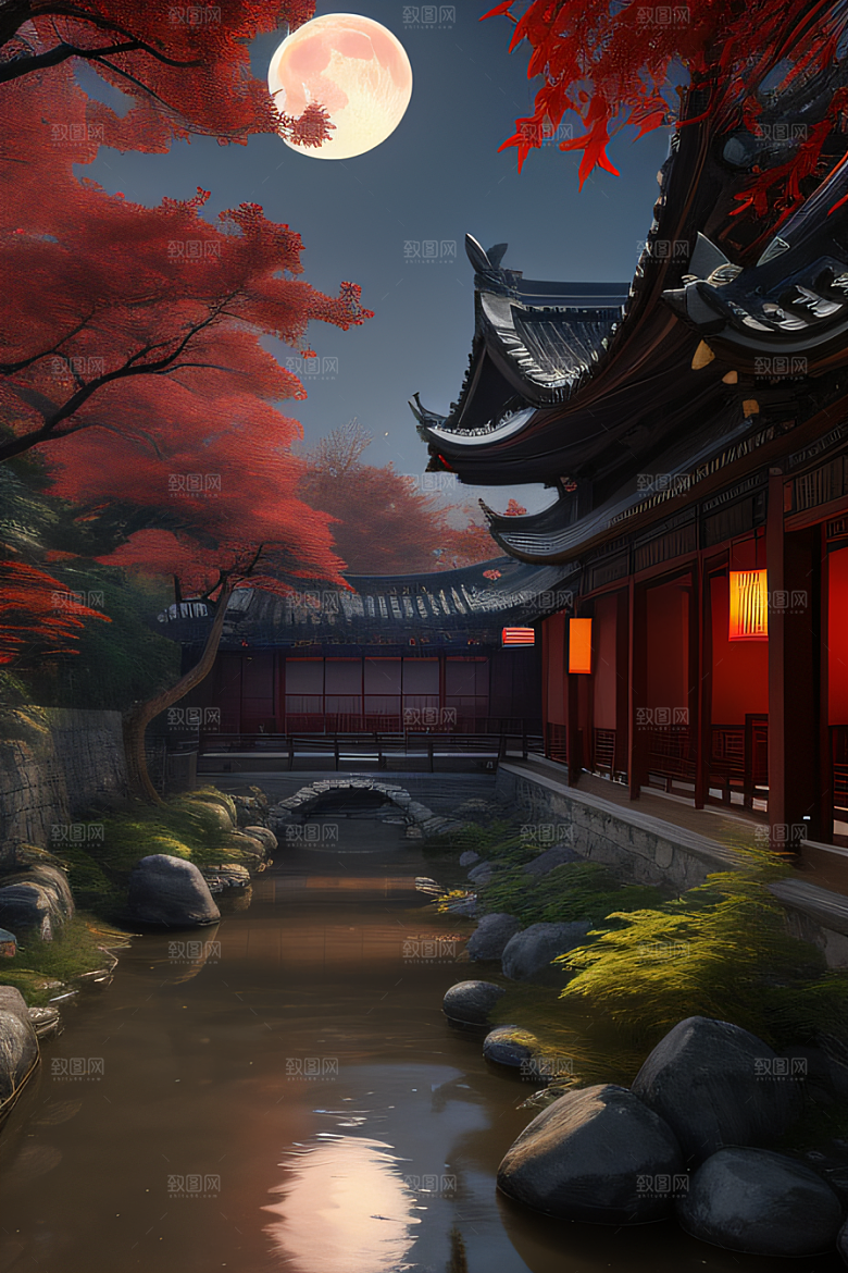 古风江南溪流旁的古建筑和红叶枫树