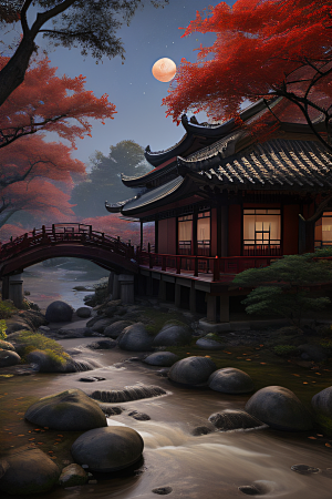 古风江南溪流旁的古建筑和红叶枫树