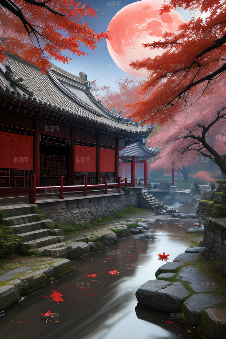 古风江南溪流旁的古建筑和红叶枫树