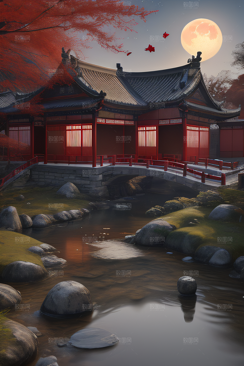 古风江南溪流旁的古建筑和红叶枫树