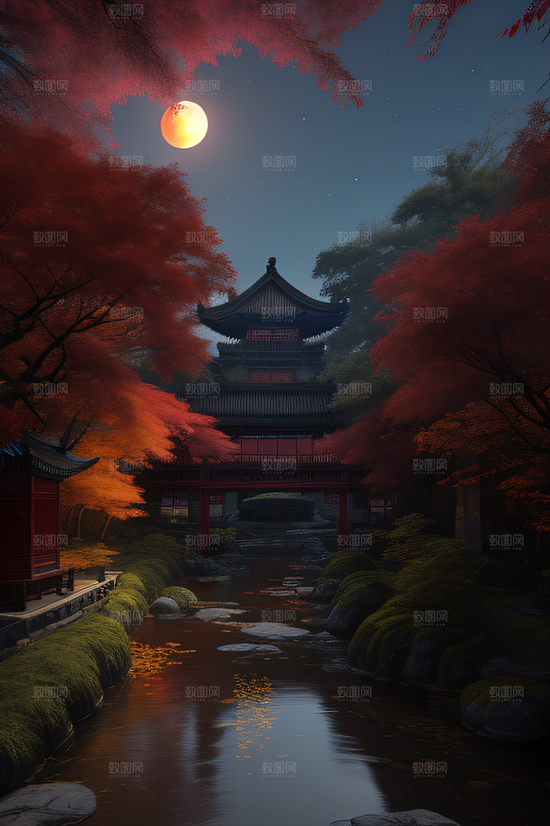 江南风情溪流旁的古建筑和红叶枫树