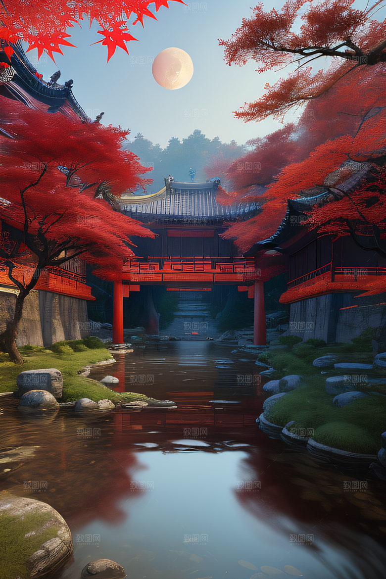 江南风情溪流旁的古建筑和红叶枫树