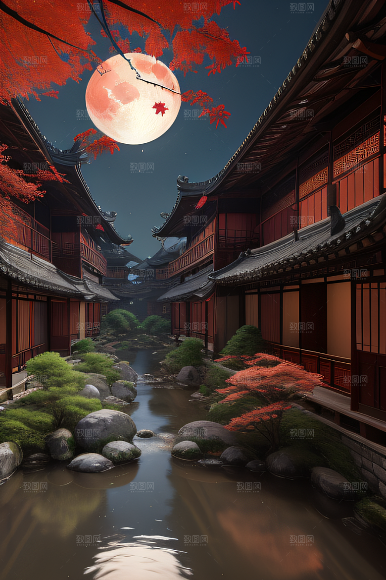 江南风情溪流旁的古建筑和红叶枫树