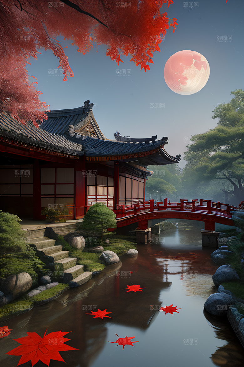 江南风情溪流旁的古建筑和红叶枫树