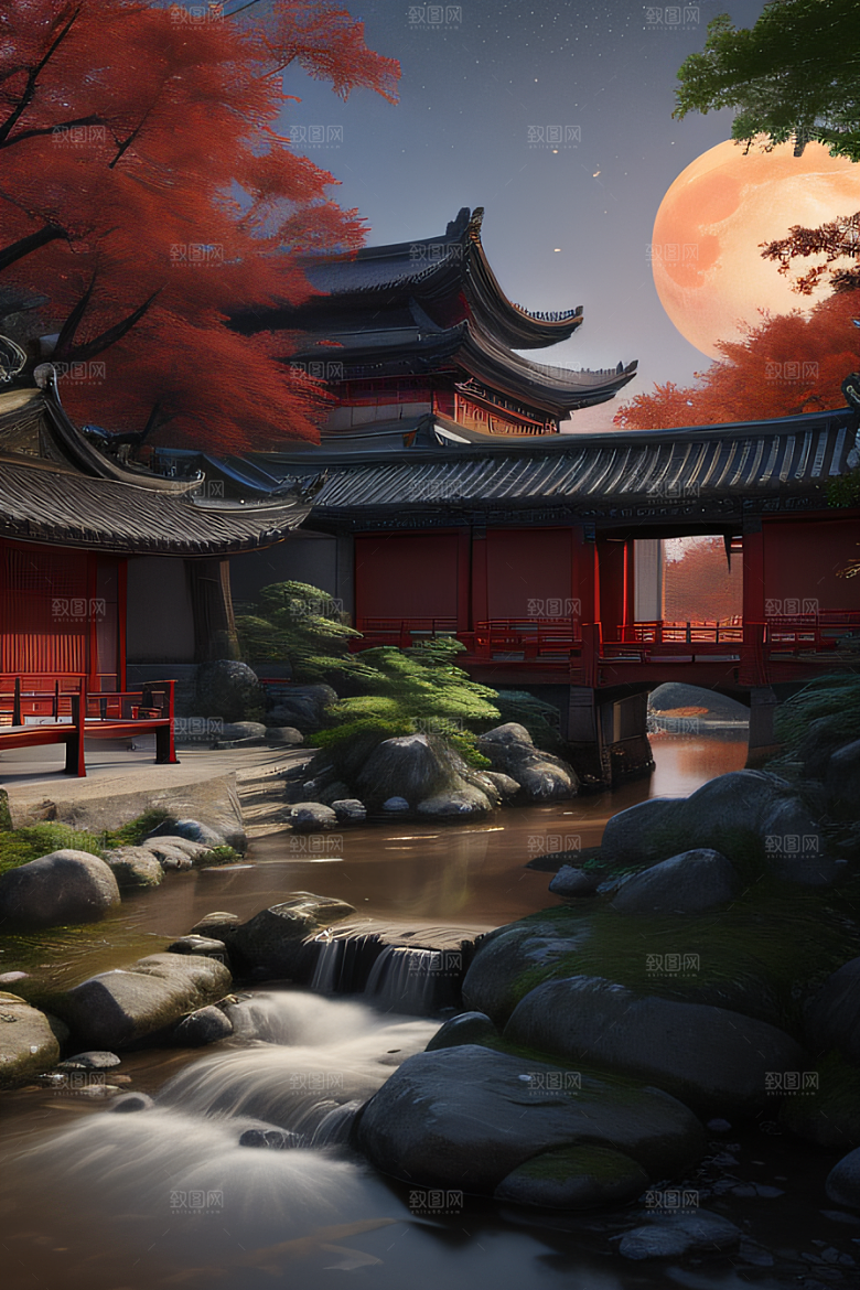 古代中国的超逼真溪流畔的江南古建筑