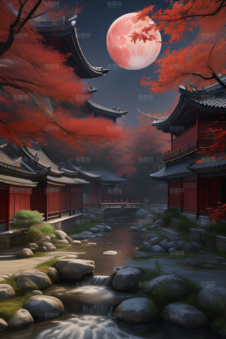 古代中国的超逼真溪流畔的江南古建筑