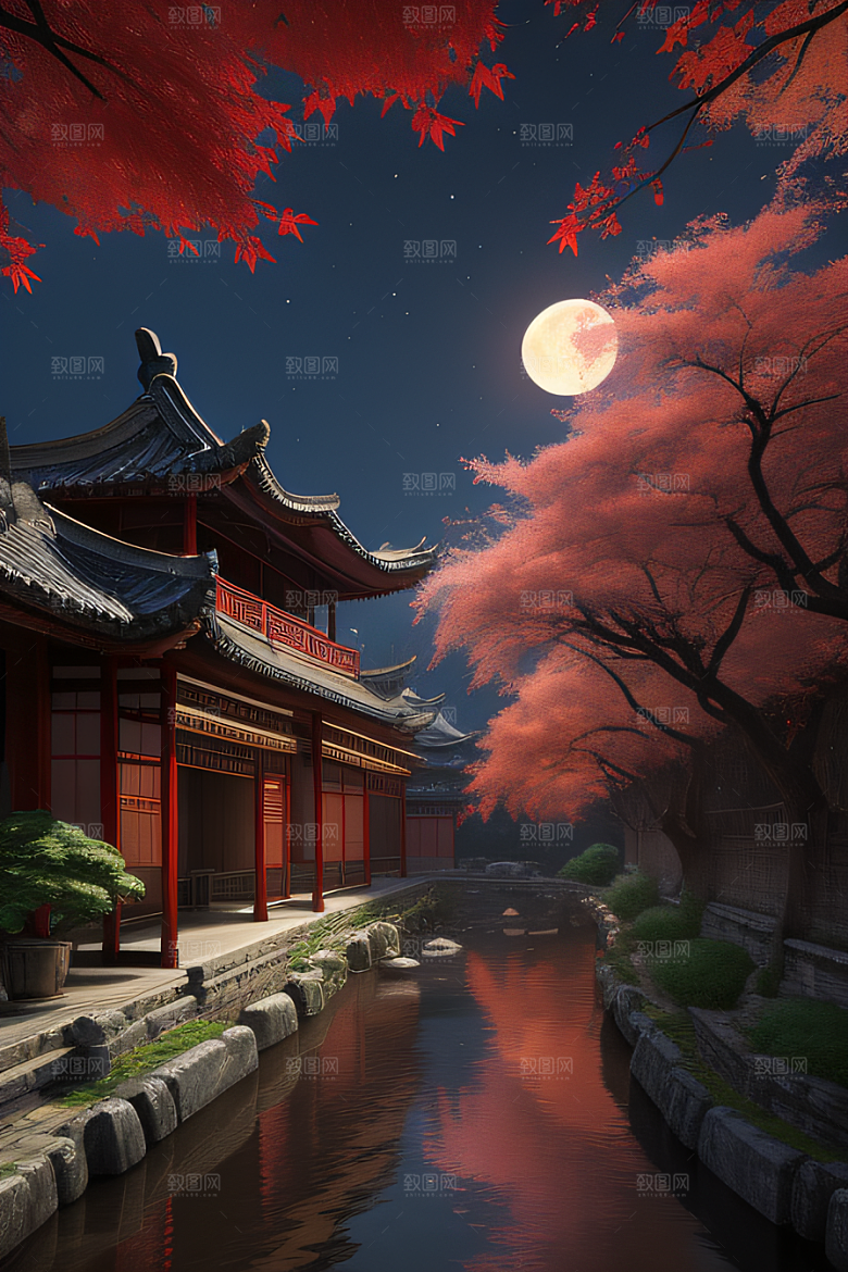 古代中国的超逼真溪流畔的江南古建筑
