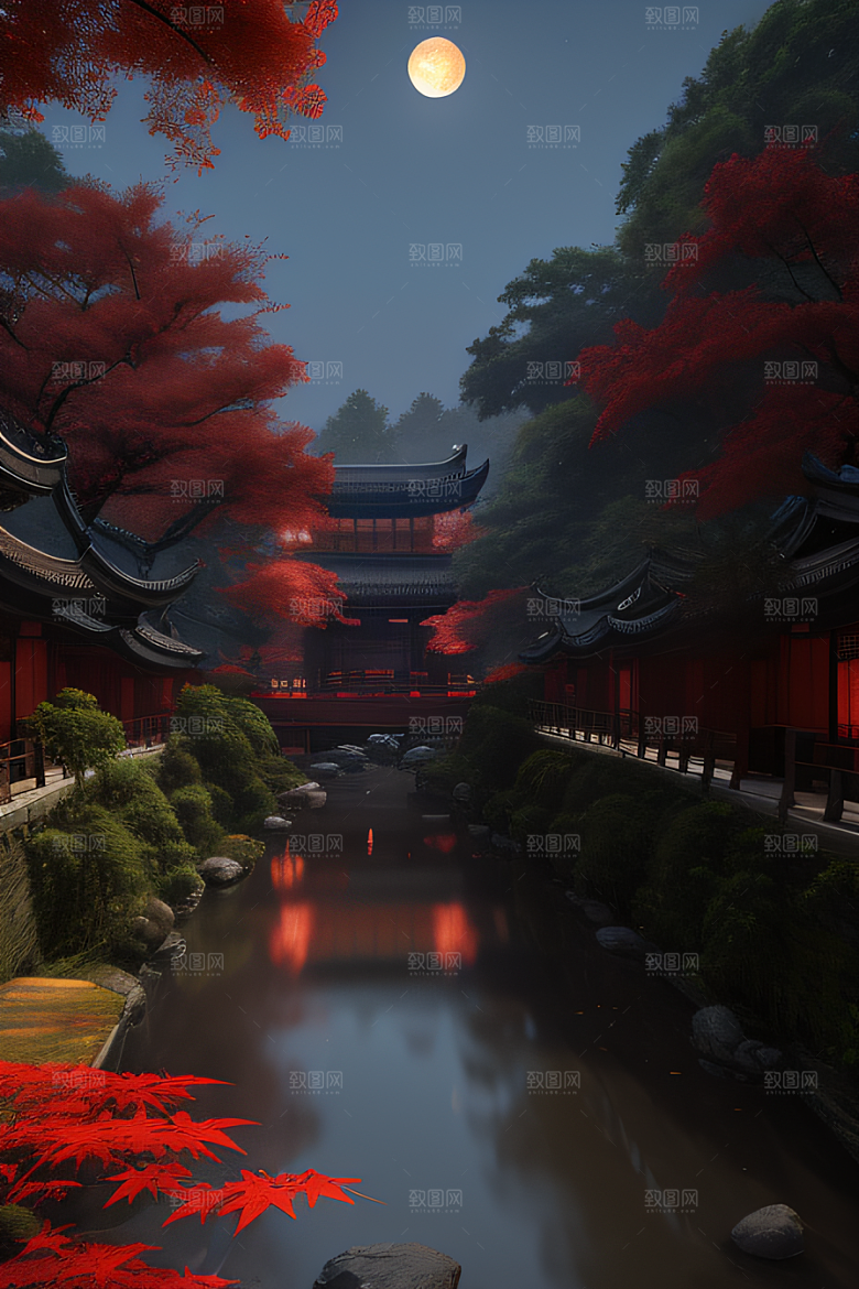 古代中国的超逼真溪流畔的江南古建筑