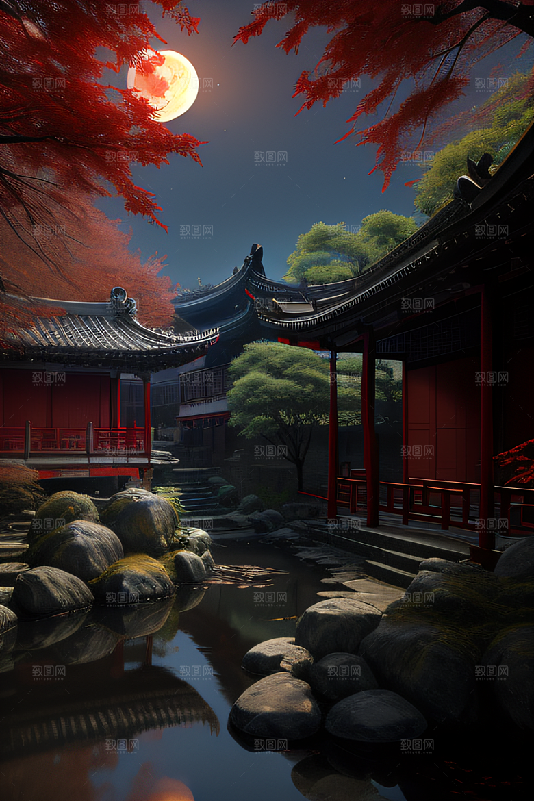 古代中国的超逼真溪流畔的江南古建筑