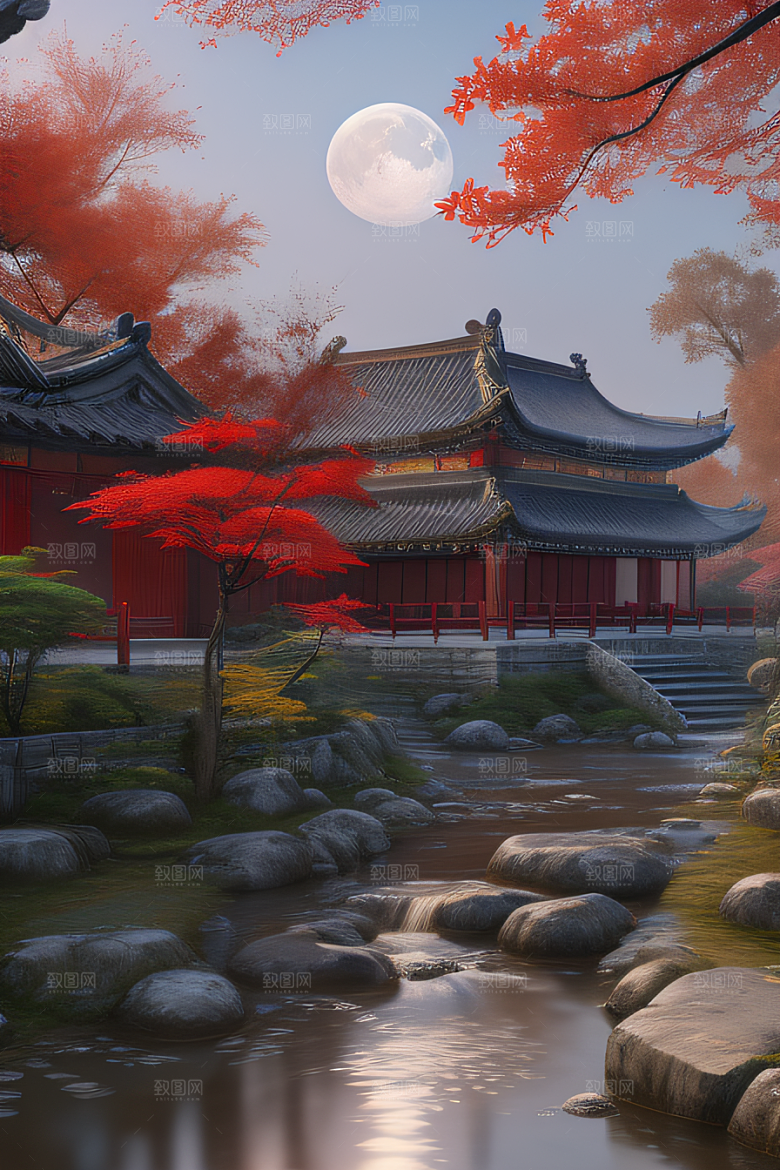 古代中国的超逼真溪流畔的江南古建筑