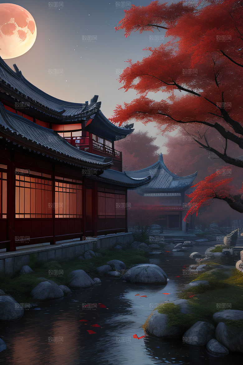 古代中国的超真实渲染溪流畔的江南古建筑