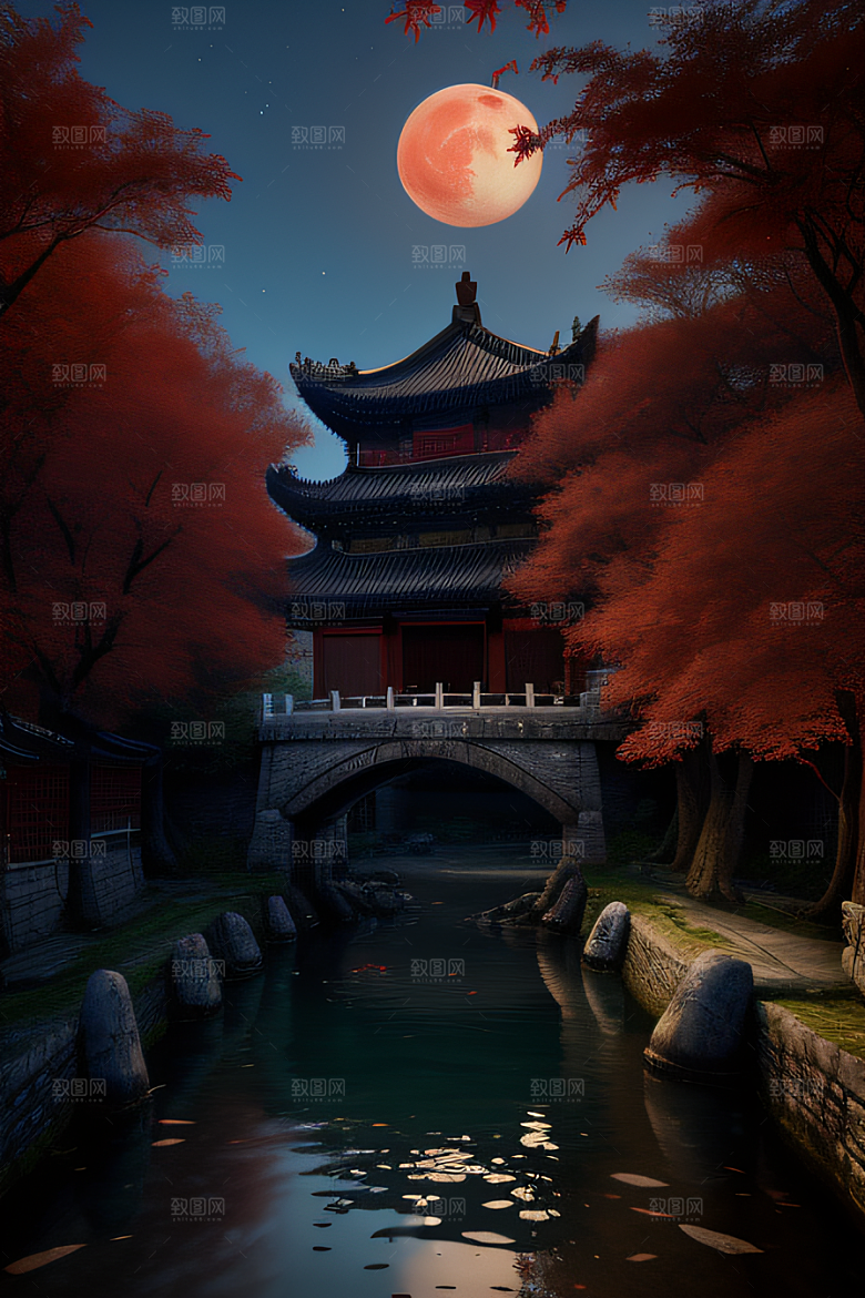 古代中国的超真实渲染溪流畔的江南古建筑