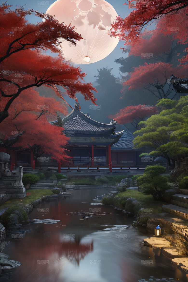 古代中国的超真实渲染溪流畔的江南古建筑