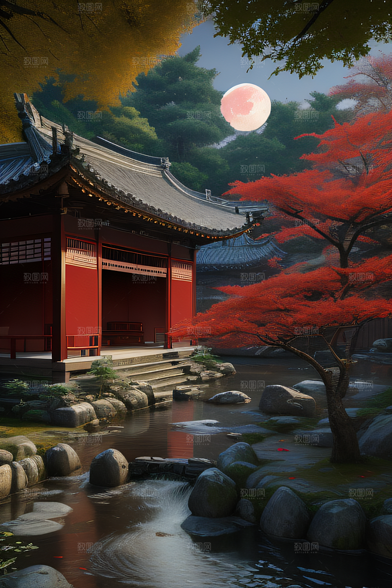 古代中国的超真实渲染溪流畔的江南古建筑