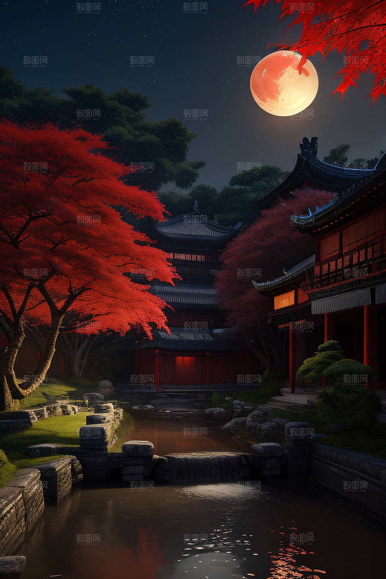古代中国的超真实渲染溪流畔的江南古建筑
