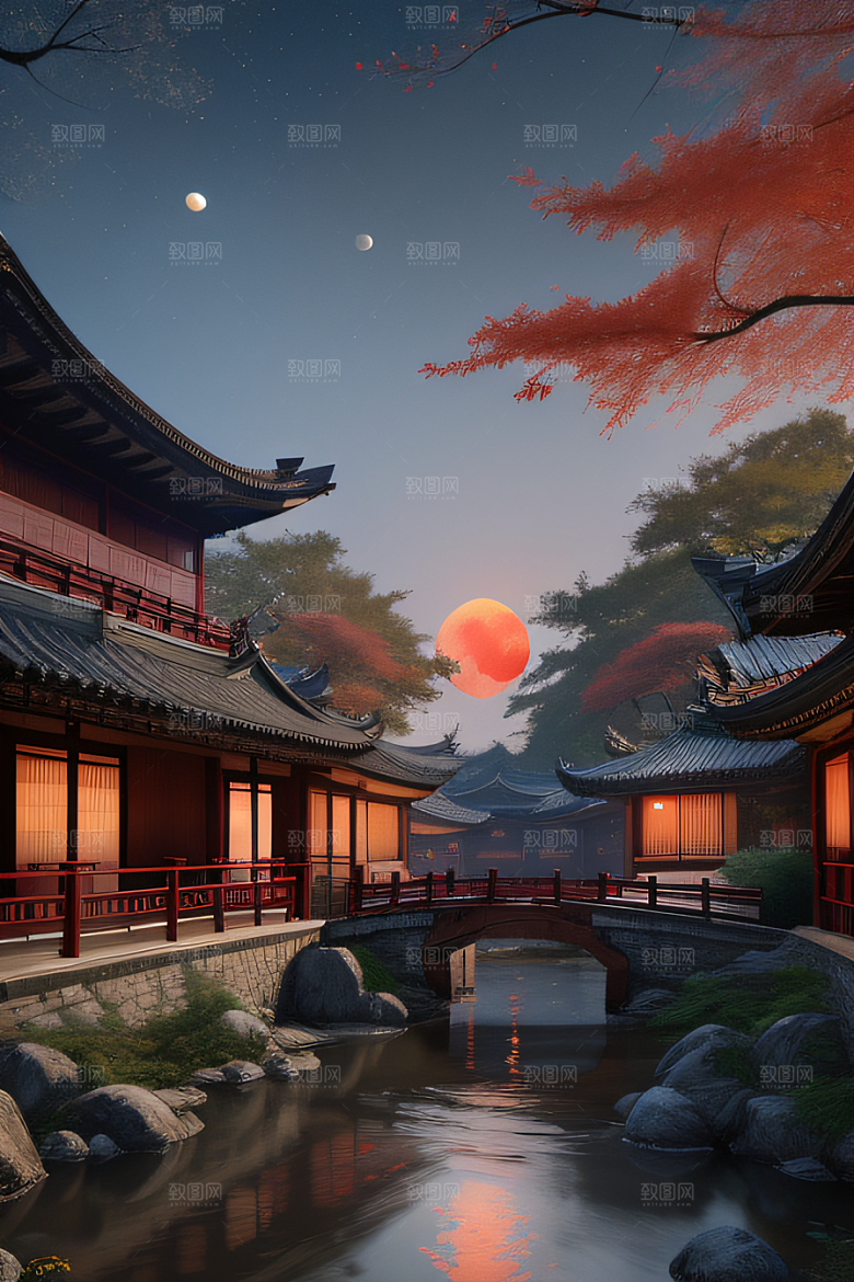 古代中国的超真实渲染溪流畔的江南古建筑