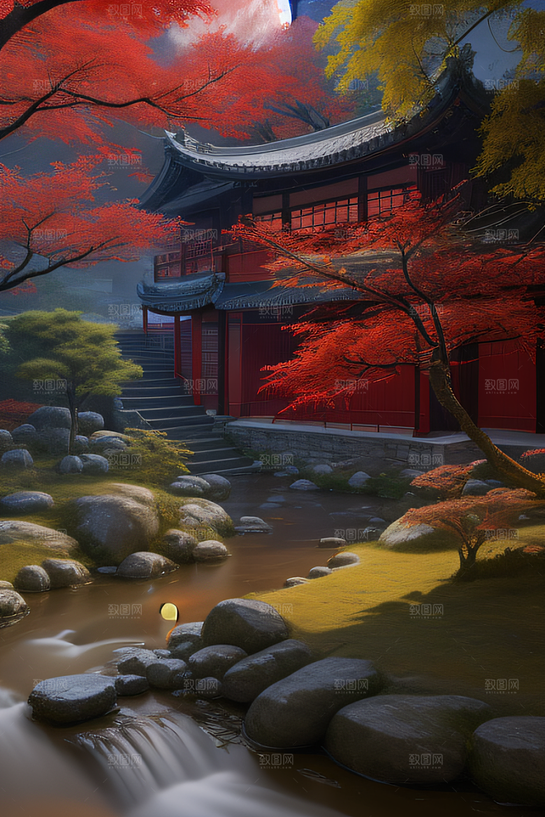古代中国的超真实渲染溪流畔的江南古建筑