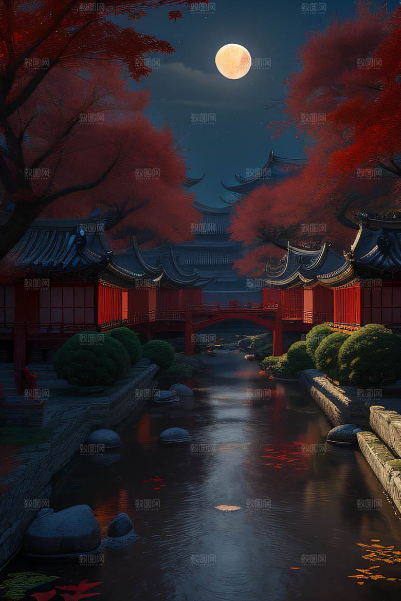 古代中国的超真实渲染溪流畔的江南古建筑