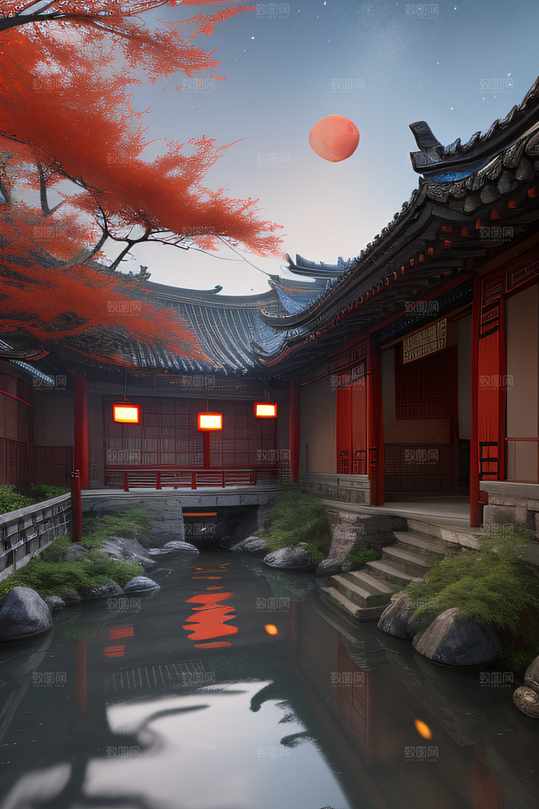 古代中国的超真实渲染溪流畔的江南古建筑