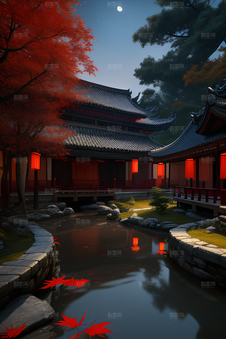 古代中国的超真实渲染溪流畔的江南古建筑