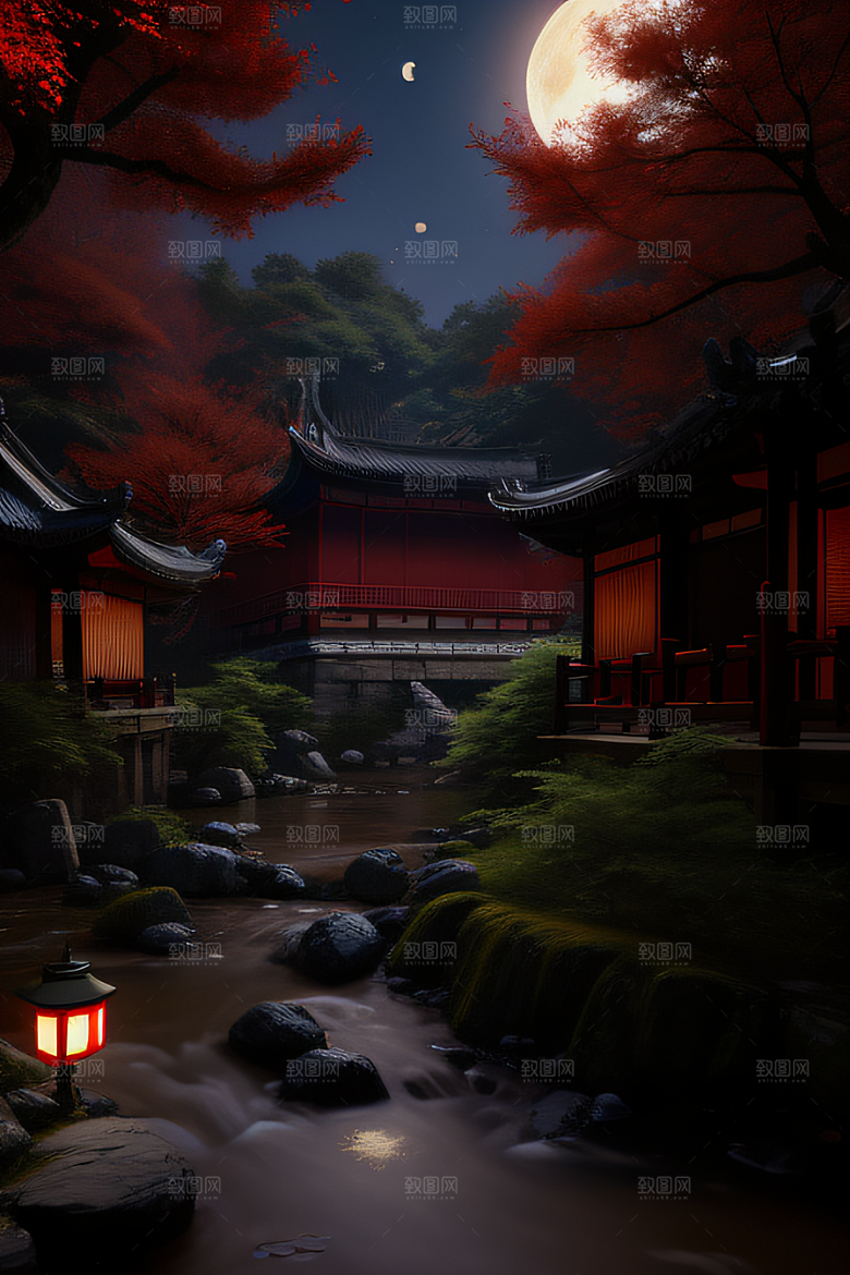 古代中国的超真实渲染溪流畔的江南古建筑