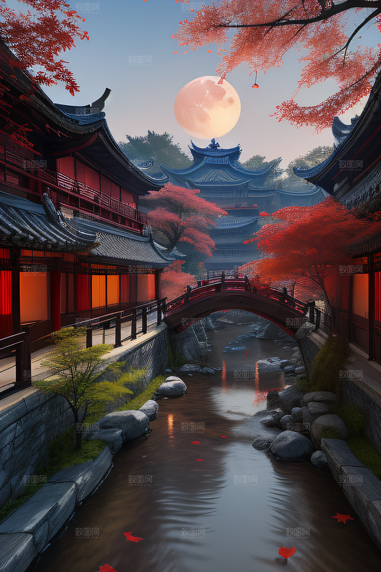古建筑与溪流夜晚的红叶枫树和明月